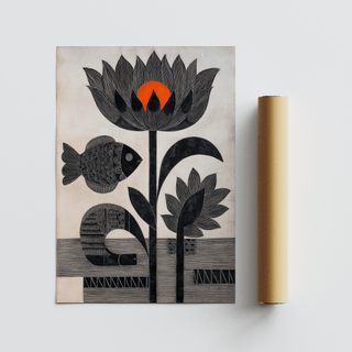 Flat artwork of black fish and flowers with a bright orange centre next to a brown packaging tube