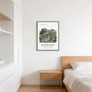 Edinburgh Cityscape art print of Edinburgh Castle and landscape above a wooden bedside table in a bedroom