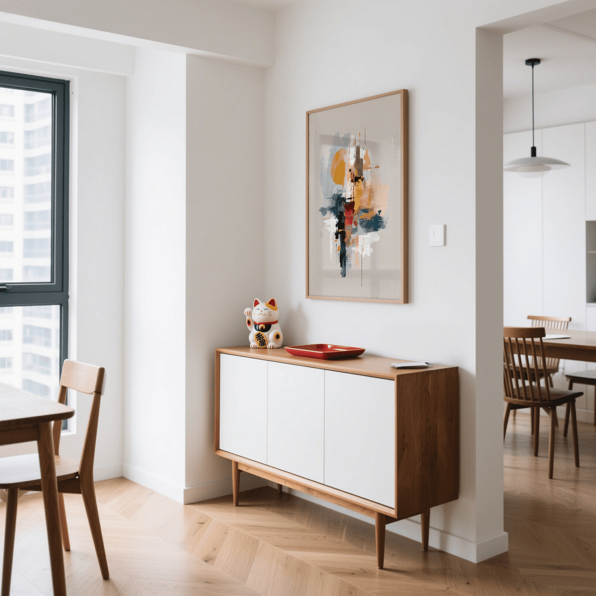 Colorful Wabi Sabi Print in a dining area with abstract shapes in muted tones above a mid century sideboard