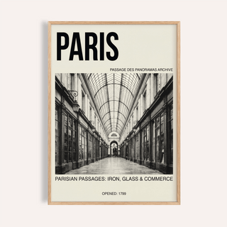 Framed Parisian Passage art print with monochrome photographic arcade interior and large typography
