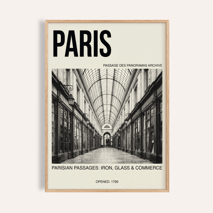 Framed Parisian Passage art print with monochrome photographic arcade interior and large typography