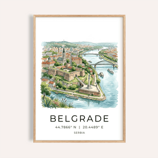 Framed Belgrade City Art Print of a watercolour illustration with bridges and river views