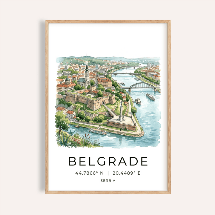 Framed Belgrade City Art Print of a watercolour illustration with bridges and river views