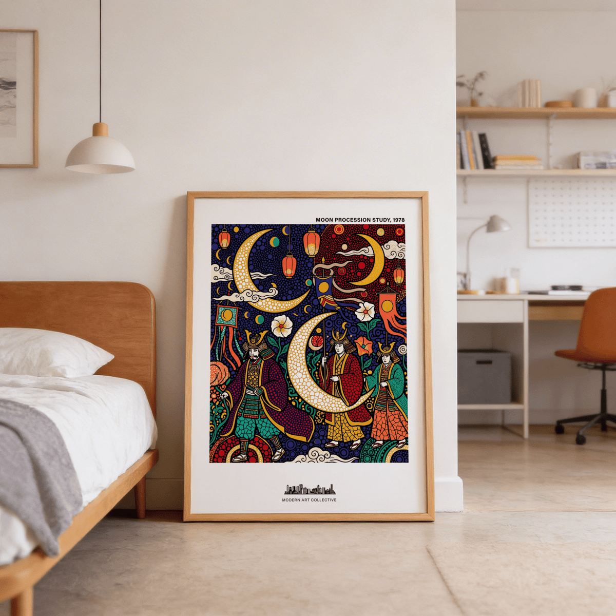 Japanese Festival print leaning on floor by bedroom wall with wooden bed frame and shelf
