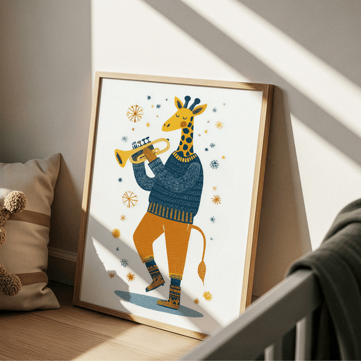 Print leaning on a floor near a pillow showing a giraffe playing trumpet in blue and mustard tones