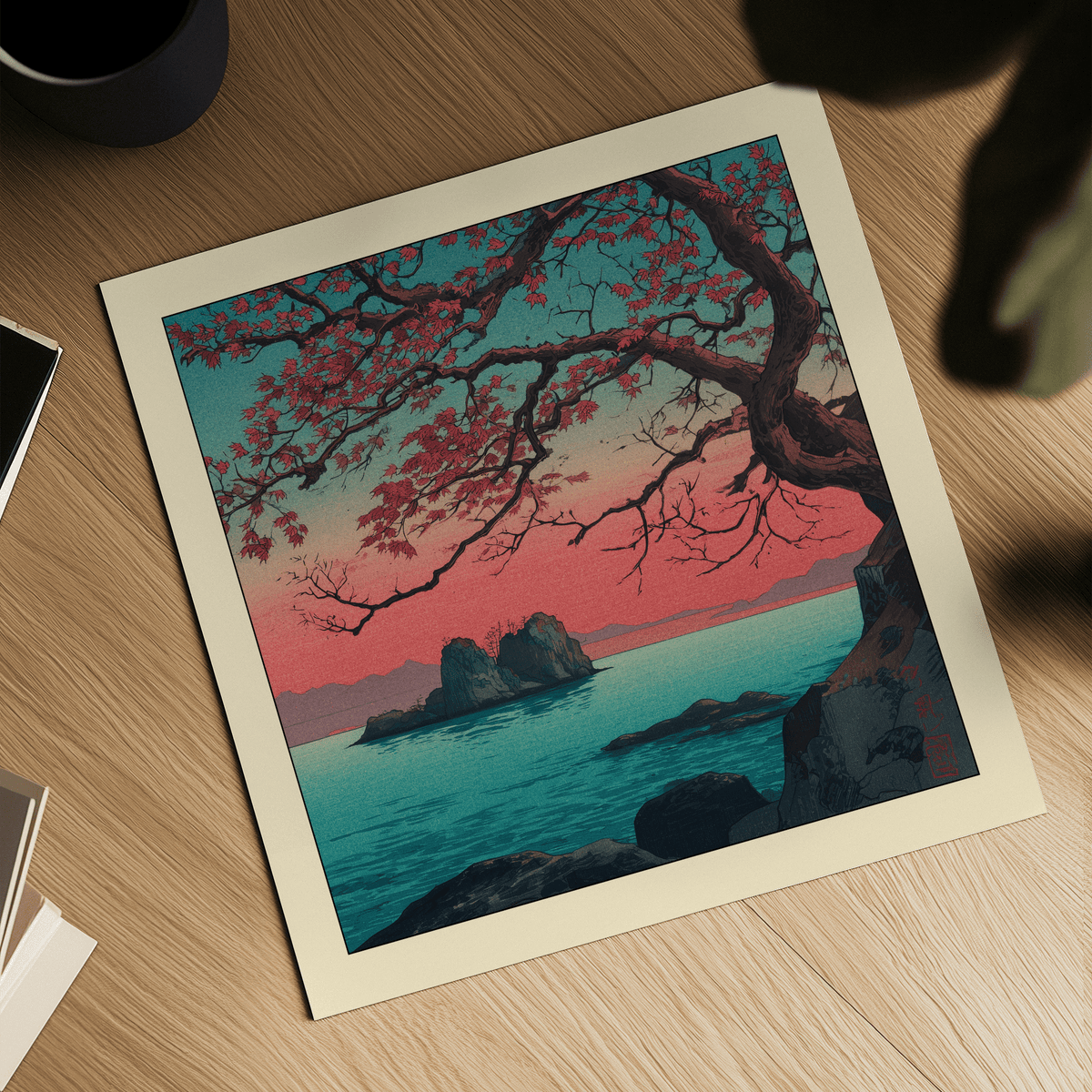 Hasui Kawase Sunset Seascape Print laid flat showing a red maple tree over turquoise sea with rocky shore