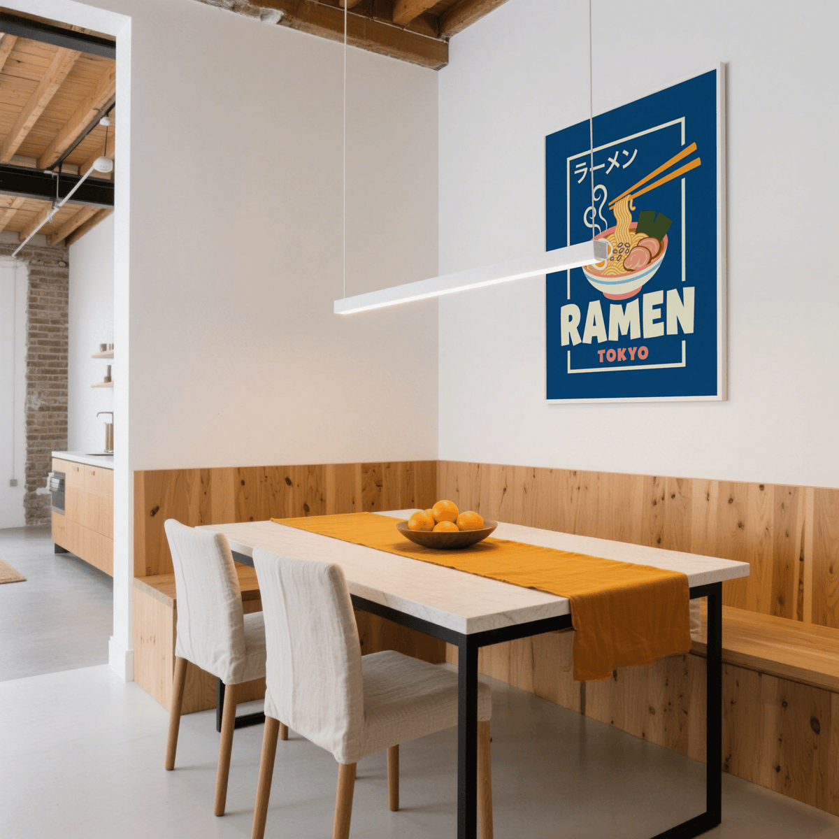 Ramen Poster print on a dining room wall with a wooden table and orange runner