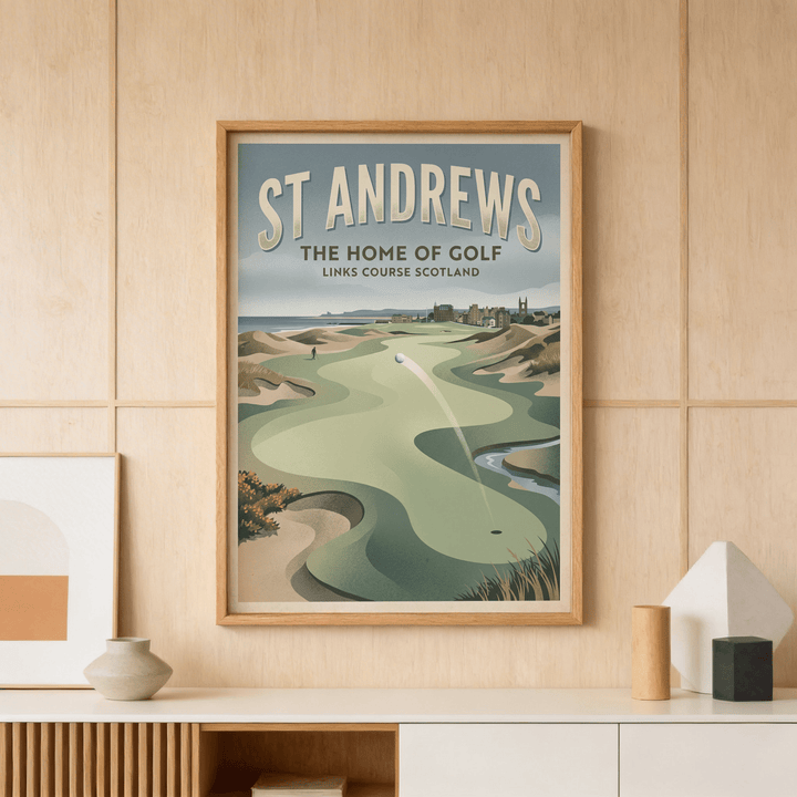 Featuring Scottish Links Golf Print travel-style poster with golfer, bunkers, and coastal horizon