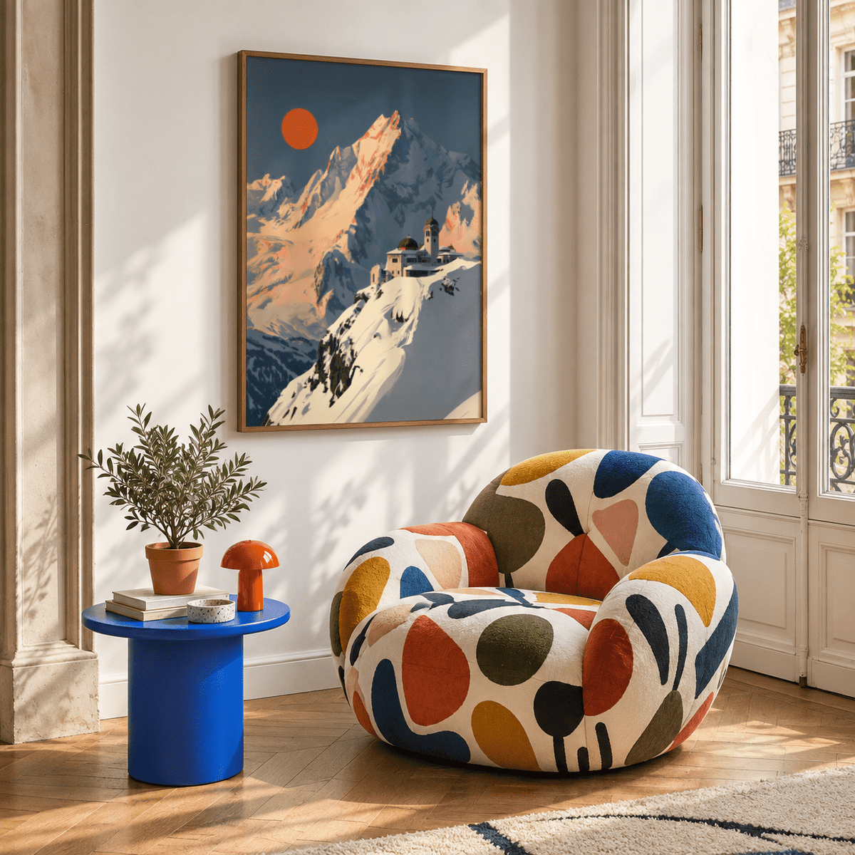 Art Deco Mountain Poster print on a wall with snowy peaks and a red sun above a blue table with a plant
