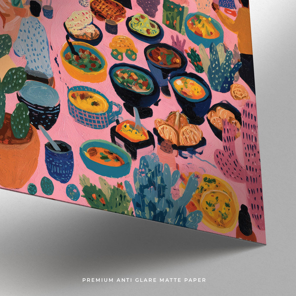Detail close-up of artwork from Mexico showing colourful food dishes and plants on a pink background
