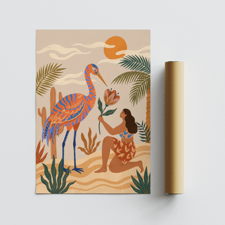Tropical Bird Artwork print lying flat with a brown packaging tube beside it