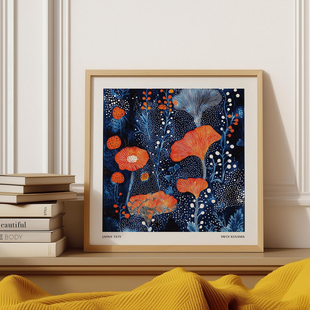 Abstract Flower Art framed print with coral dots pattern against a dark blue background on a mantle with books