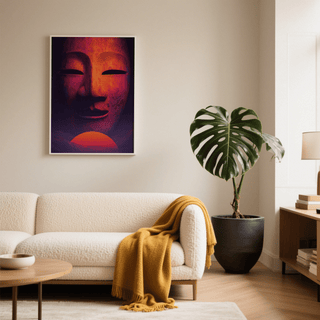 Dreamy Mask wall art with warm orange and dark purple tones above a sofa and beside a large green plant