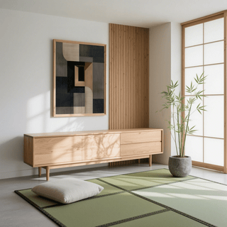 Abstract Wabi Sabi Print on a wall with beige and black geometric shapes above a wooden cabinet
