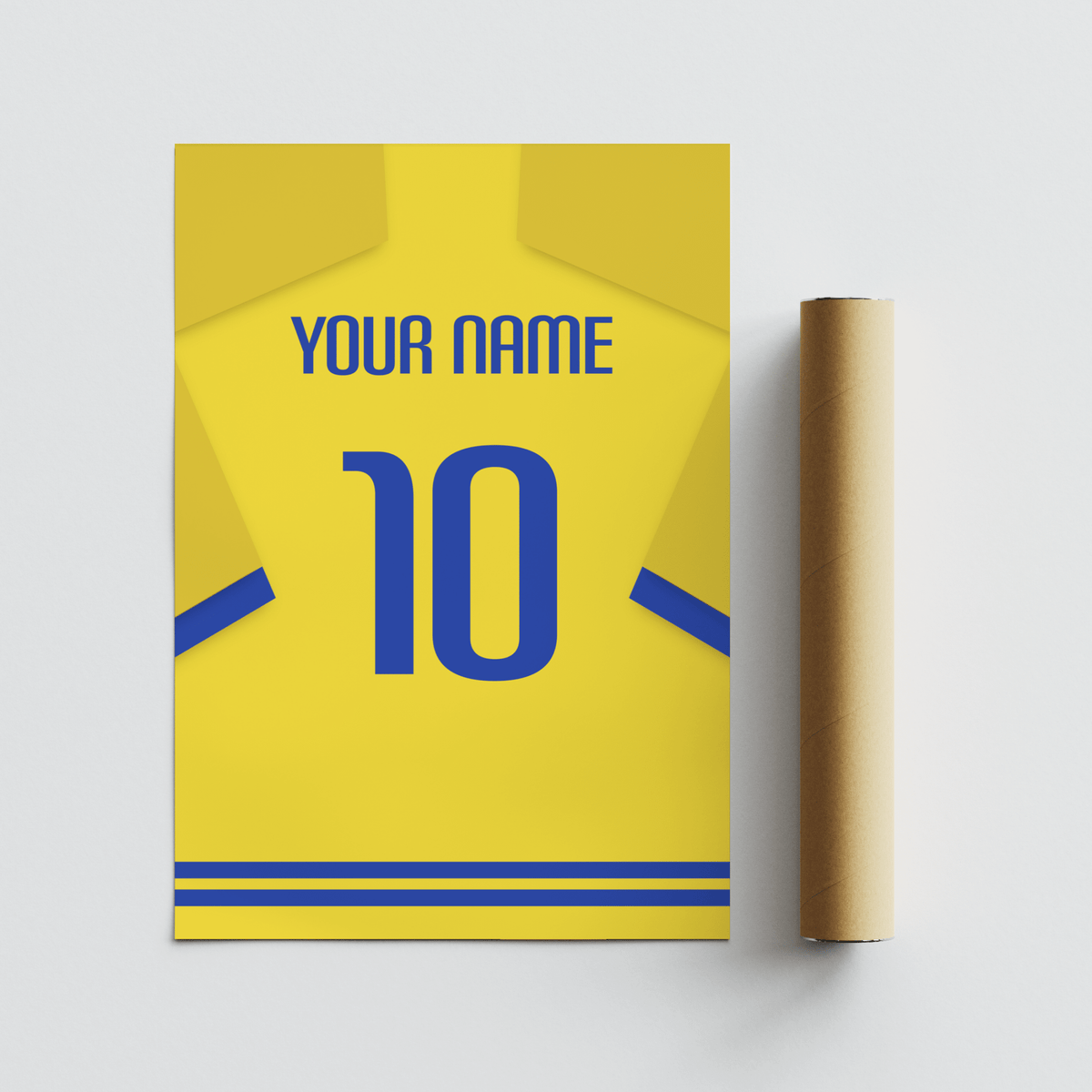 Football Shirt Poster in Yellow with Blue Trim with number 10 beside a brown packaging tube