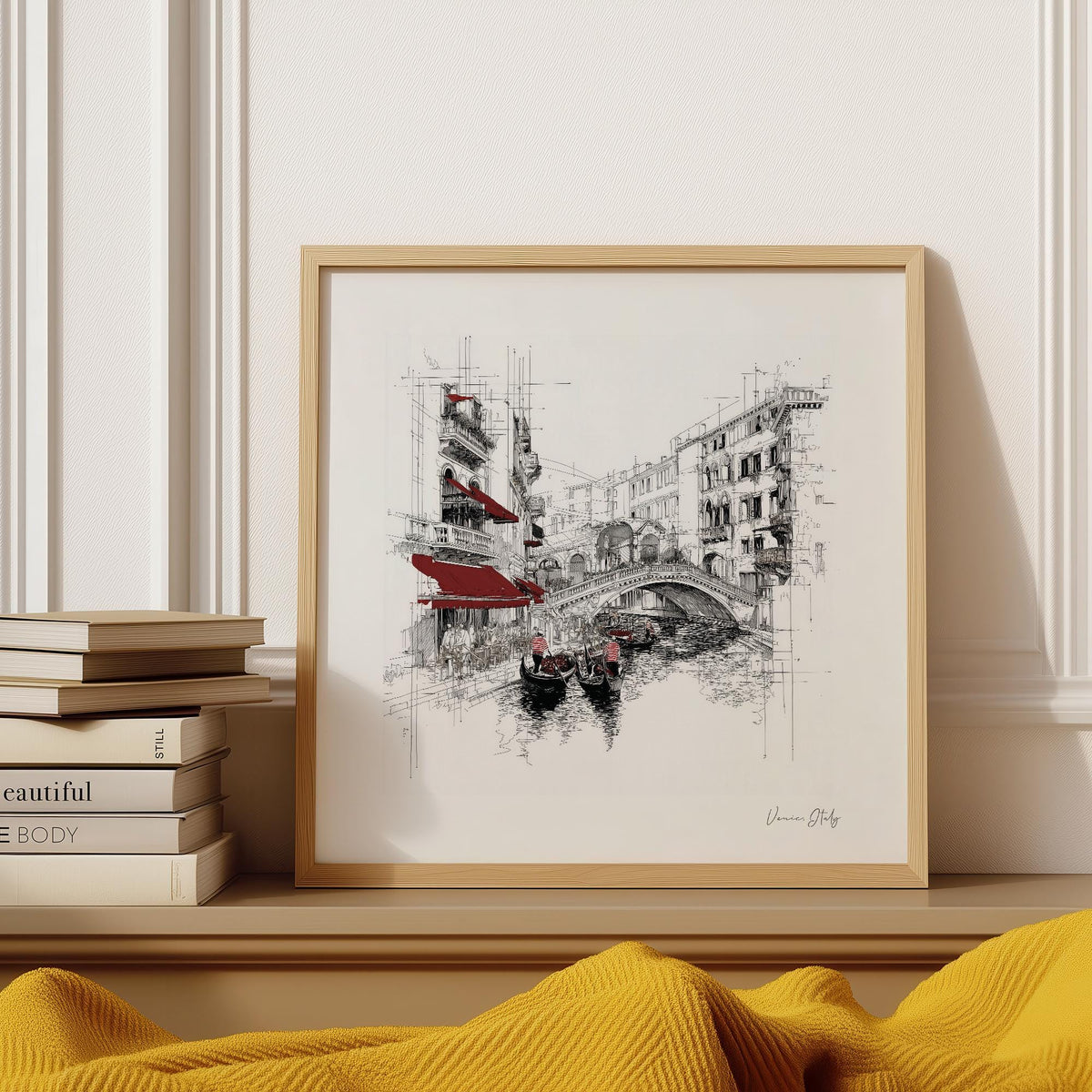 Wall Art of Venice Italy leaning on a shelf with books red and black line-art contemporary style