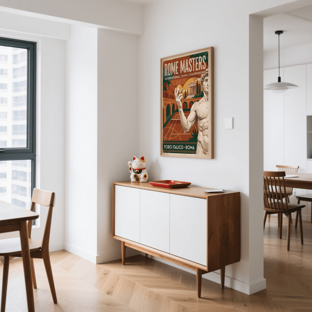 Print on a wall of Rome Tennis Championship Poster featuring a vintage illustration with a statue and tennis ball above a sideboard