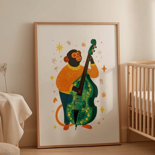 Framed Musical Monkey Art Print leaning on the floor by a wooden crib with neutral tones