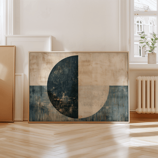 Modern Art Poster leaning on the floor with half circle shapes in blue and cream tones near a window and plant