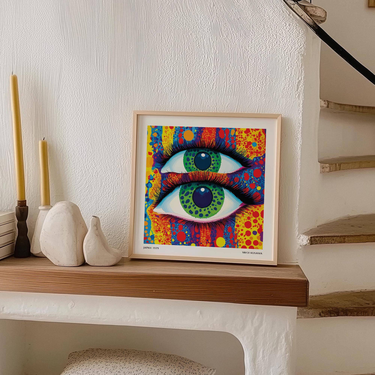 Colorful Pop Art print with green eyes in an abstract pop-art style leaning on a shelf next to candles