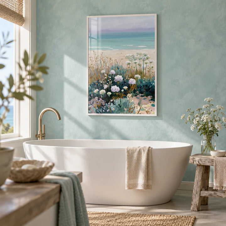 Beach Floral Art, framed on the wall of a coastal-modern bathroom