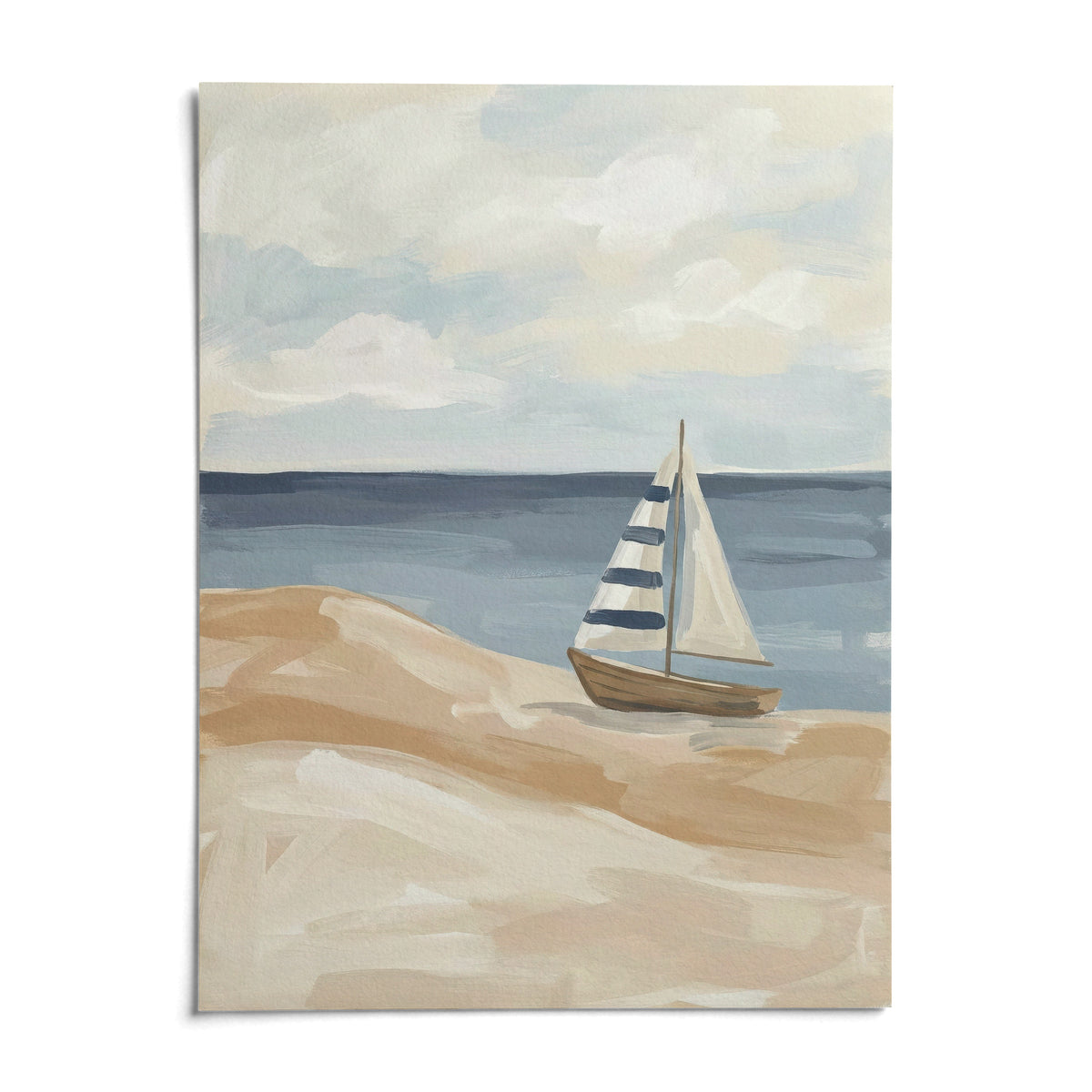 Beach Sailboat Wall Art, shown as an unframed paper print on a plain white background