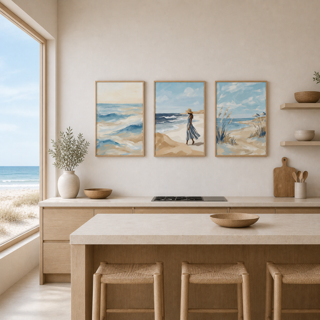 Light coastal kitchen with pale wood units, woven stools and a set of three soft blue and sand beach prints on the wall