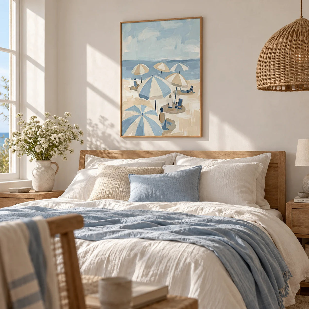 Beach Umbrella Art, framed on the wall of a breezy coastal bedroom
