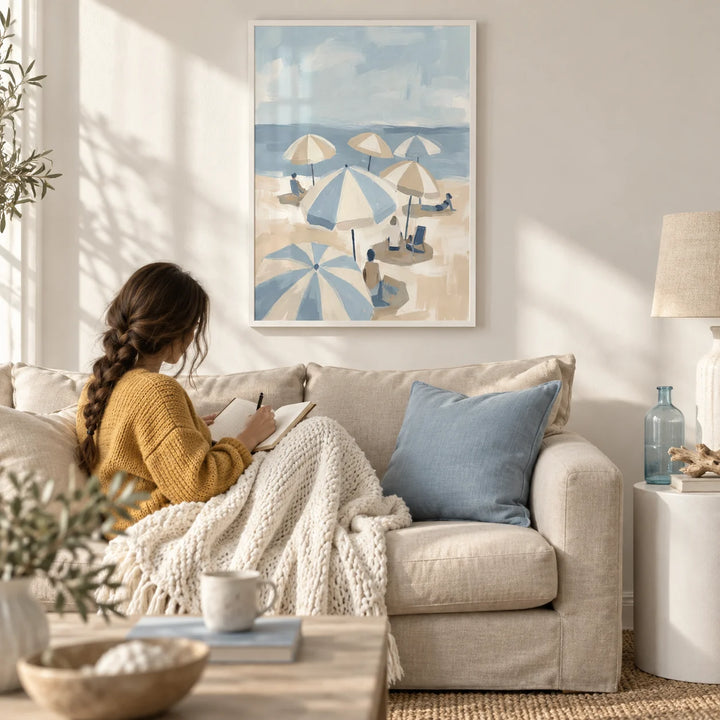 Beach Umbrella Art, framed on the wall of a light coastal living room