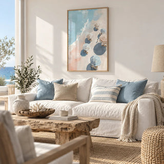 Beach Umbrella Print, framed on the wall of a beach house living room
