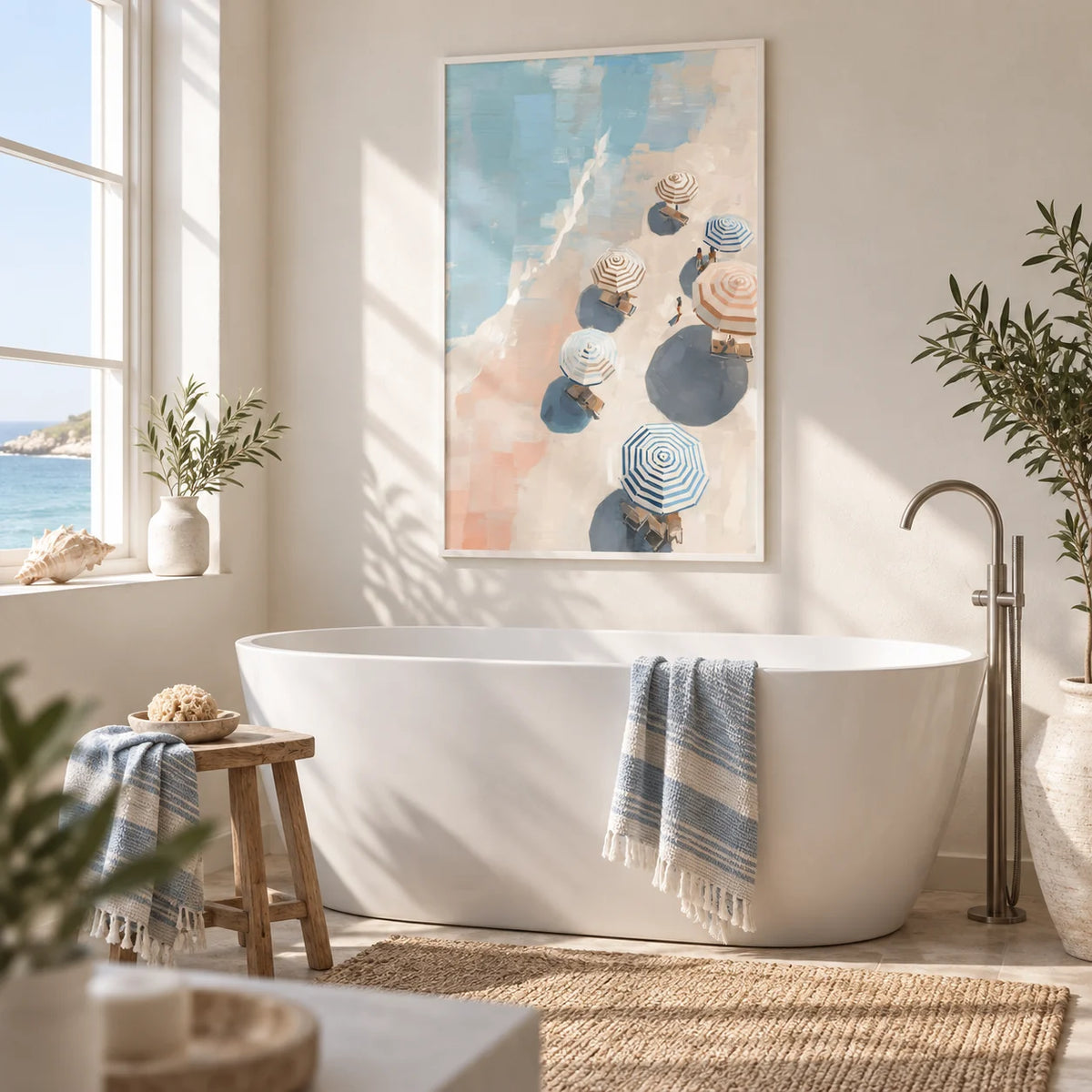 Beach Umbrella Print, framed on the wall of a bright coastal bathroom
