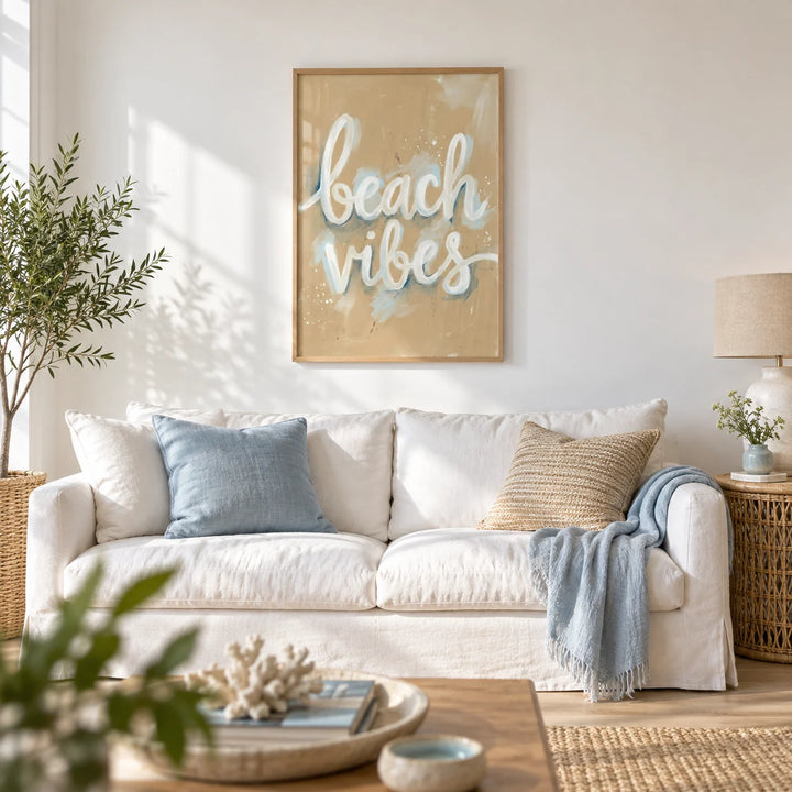 Beach Vibes Wall Art, framed on the wall of a relaxed beach house living room with a white wall and a pale oak floor