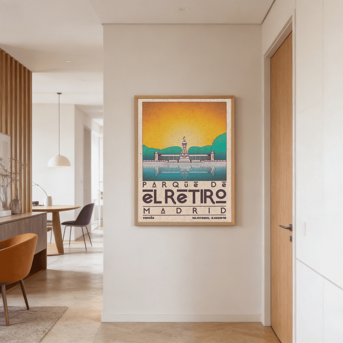 Madrid Landscape Poster print of a retirement park monument in retro illustration colours in a hallway