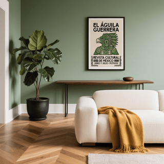 Mexican Eagle Art print with green eagle warrior illustration in a living room above a wooden console