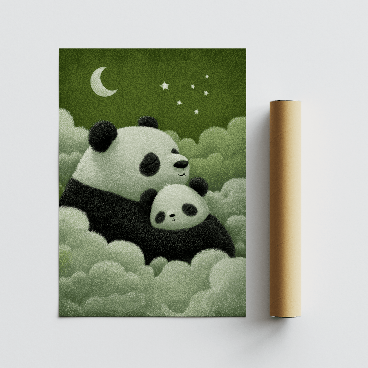 Panda nursery decor print with sleeping pandas in green cloud background alongside a brown packaging tube