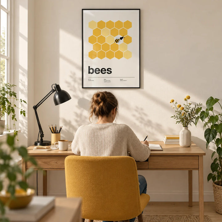 Bee Print, framed on the wall of a bright home office in a UK terraced house with an ivory wall and pale oak floor