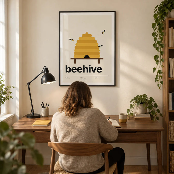 Beehive Print, framed on the wall of a modern home study in a UK terraced house with a warm cream wall and oak floor