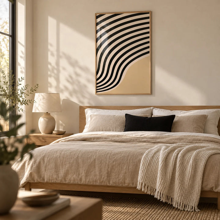Beige Abstract Art, framed on the wall of a calm modern bedroom