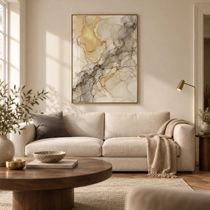 Beige Abstract Print, framed on the wall of a contemporary living room in a UK townhouse with warm ivory walls and oak parquet