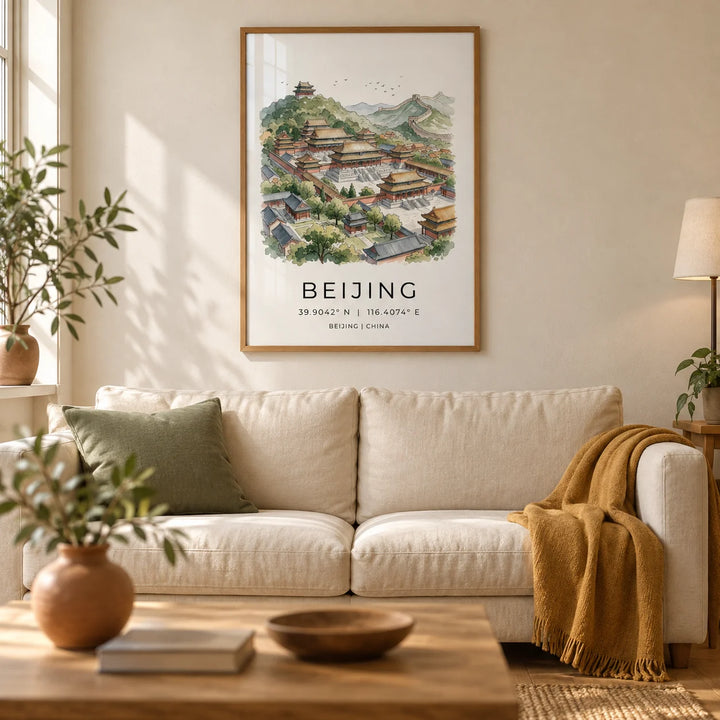 Beijing Wall Art, framed on the wall of a calm living room in a UK terraced home with warm white plaster walls and an oak floor