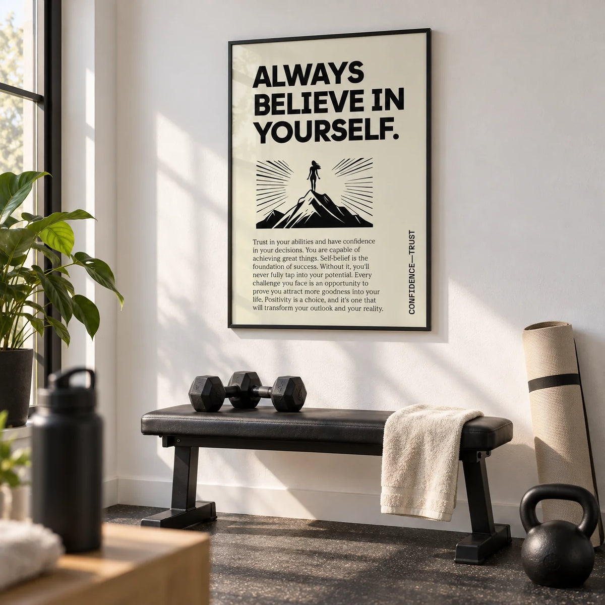 Believe in Yourself Poster, framed on the wall of a home gym corner