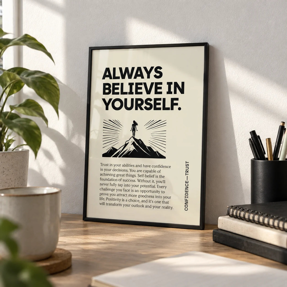 Believe in Yourself Poster, a small A4 framed print leaning on a desk