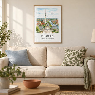 Berlin City Art Print, framed on the wall of a calm living room in a UK city flat with a warm white wall and an oak floor