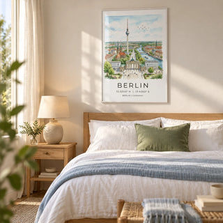 Berlin City Art Print, framed on the wall of a peaceful adult bedroom with a warm white wall and natural oak furniture