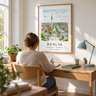 Berlin City Art Print, framed on the wall of a quiet home study with a soft white wall and an oak desk beside a tall window