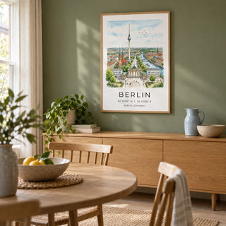Berlin City Art Print, framed on the wall of a relaxed dining room in a UK terraced home with a muted leafy green wall and a pale oak floor