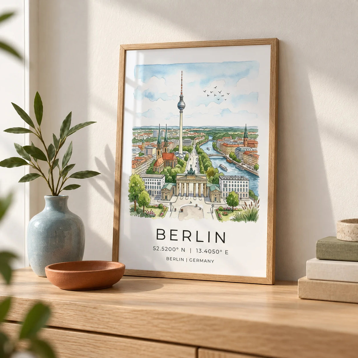 Berlin City Art Print, a small A4 framed print leaning on a pale oak shelf in a living room