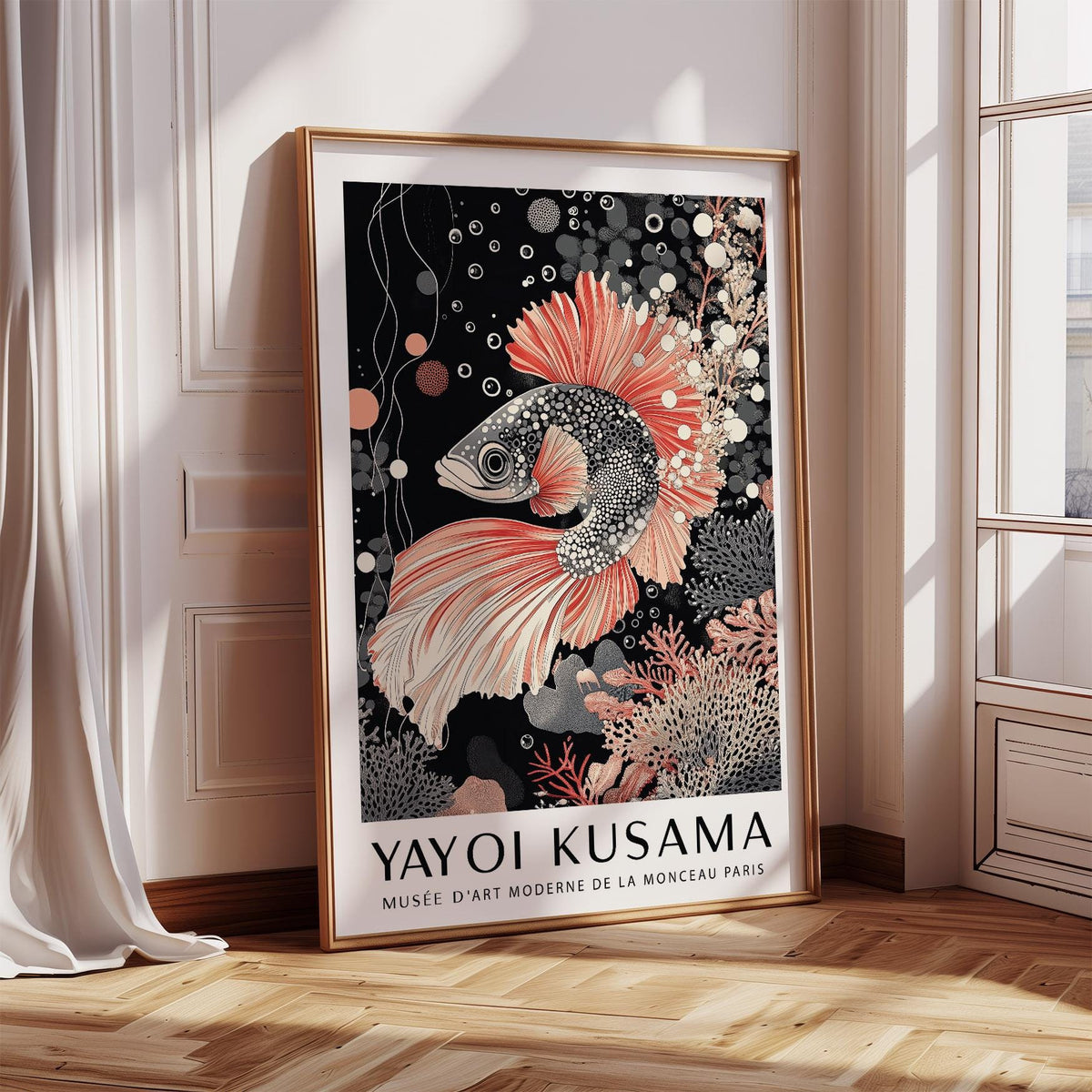 Print leaning on floor with contemporary koi fish illustration in coral and black by bright window