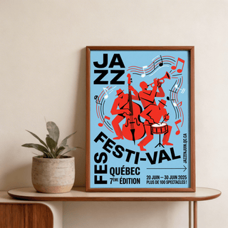 Framed Musical Event wall art showing a red jazz band illustration on a blue background with a plant on the table