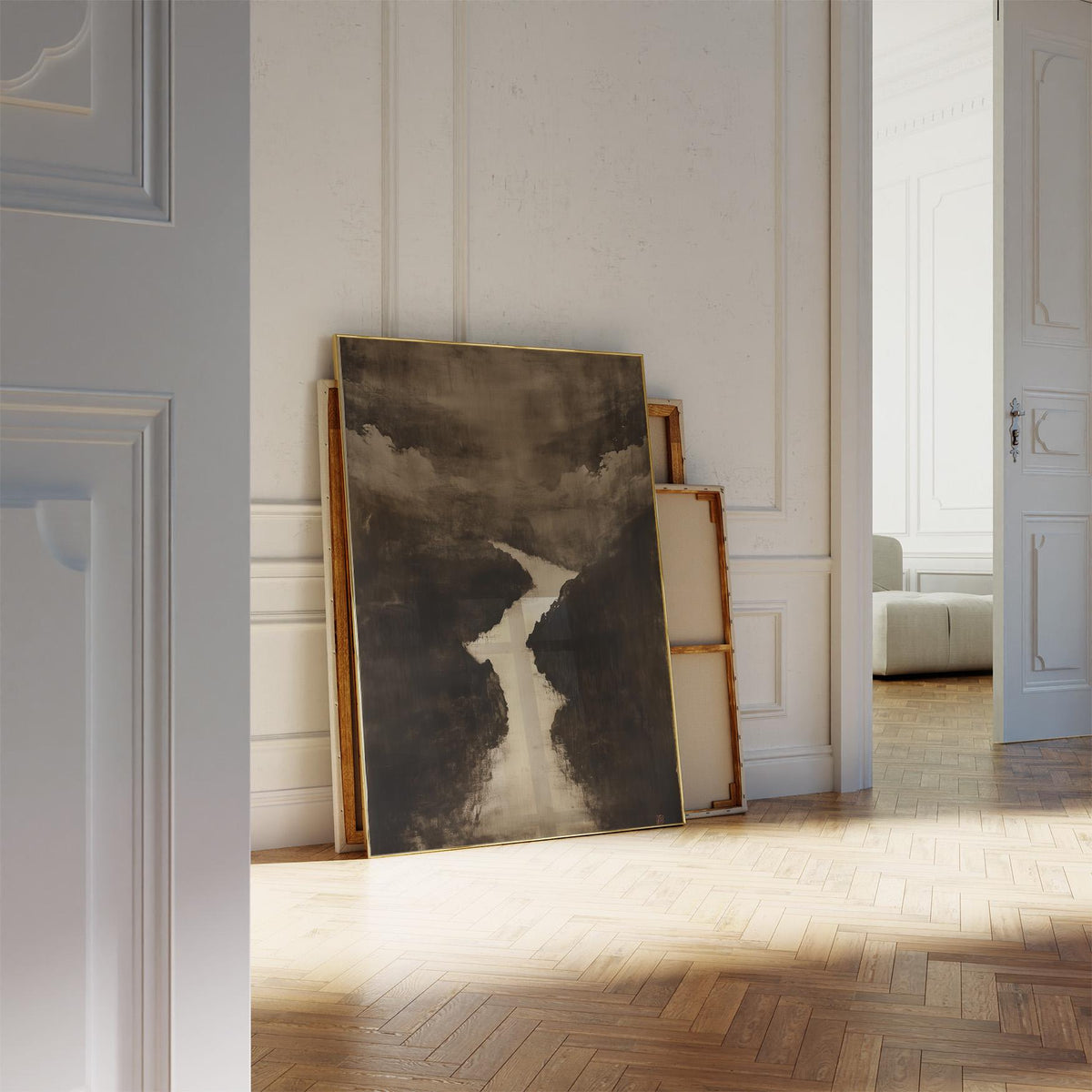 Print leaning on a floor of Sumi e Art river landscape in minimalist watercolour style with black and white tones
